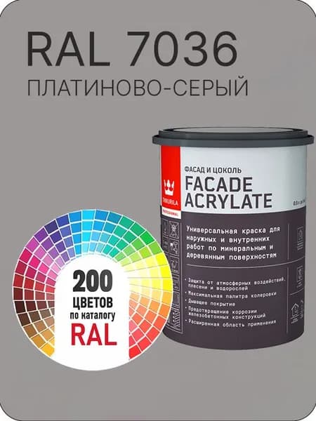 Tikkurila Facade Acrylate краска для фасадов и интерьеров цвет платиново-серый Ral 7036 0.9 л.