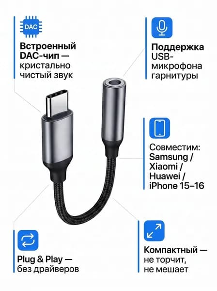 Переходник type c на 3,5 jack /переходник для наушников