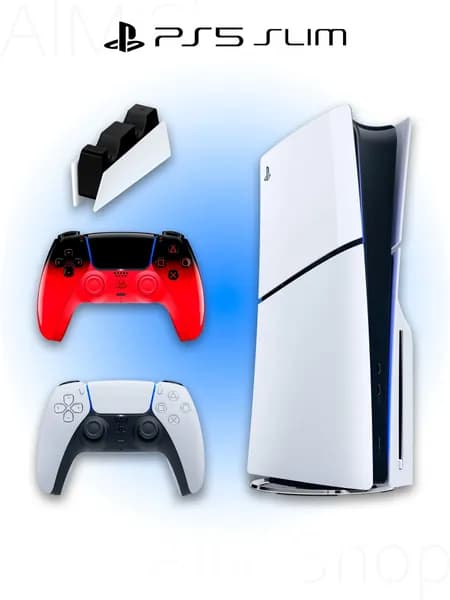 Игровая приставка Sony PlayStation 5 Slim с дисководом + 2 геймпад (красно-черный, Techno Red) + зарядная станция