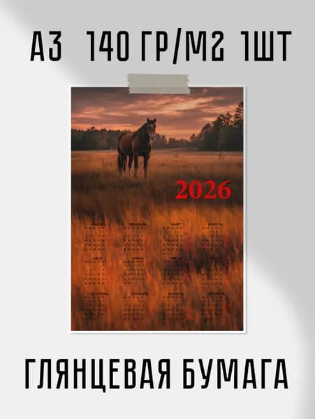 Настенный календарь 2026 с лошадью А3 30x42 см 140 гр/м2 1шт