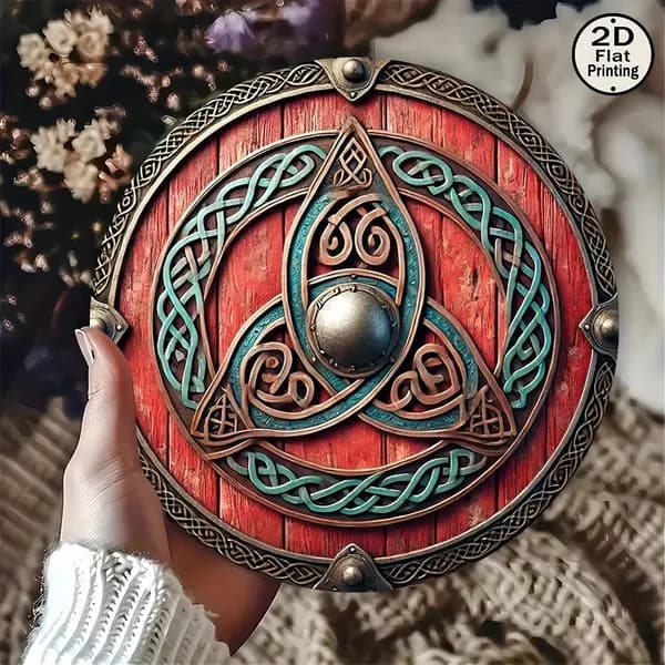 Винтажный алюминиевый настенный щит викингов - круглый, 8x8, с кельтским священным узором, украшенный изысканными синими и красными орнаментами.