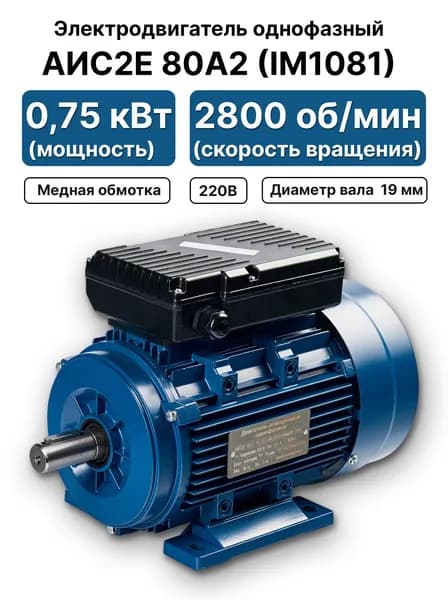 Электродвигатель 220В 0,75кВт 3000 об/мин, АИС2Е 80А2 IM1081