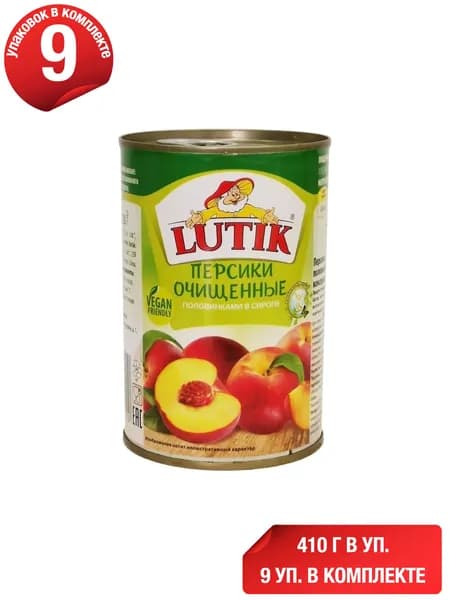 Персики Lutik половинки очищенные в сиропе 425 мл, набор: 9 штук