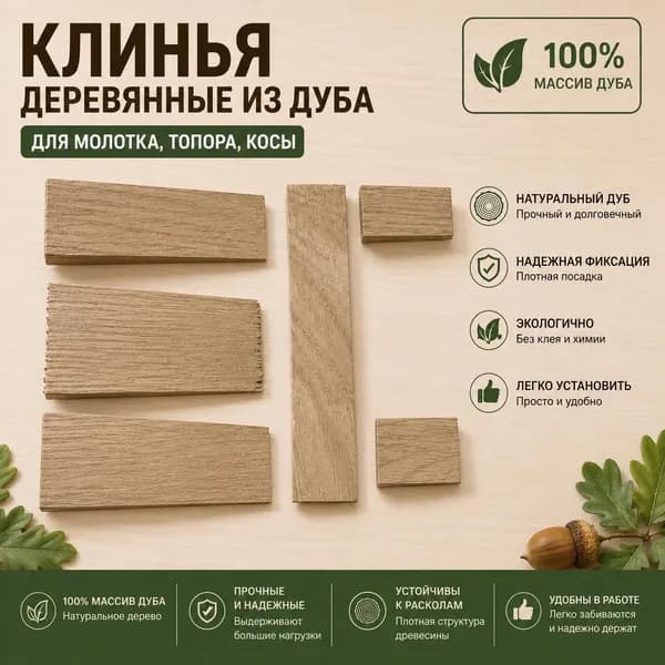 Клинья деревянные из дуба для топора, молотка, кувалды и косы, набор 6 шт.