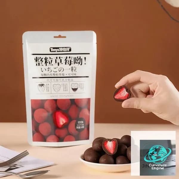 Замороженная смесь из цельных ягод клубники с начинкой из шоколада, молока и зеленого чая, в упаковке 60 г.