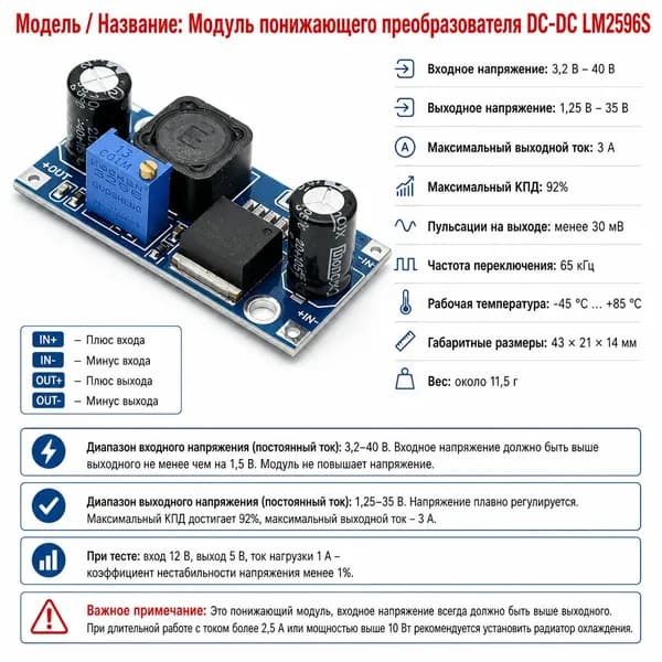 Понижающий модуль DC-DC LM2596S, регулируемое понижение Выходной ток3 А 2