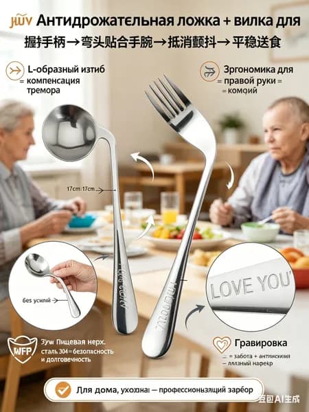 Антидрожательная ложка + вилка для правой руки, 304 нерж. сталь - для болезни Паркинсона, пожилых людей, реабилитации - пищевая, с гравировкой "LOVE YOU",