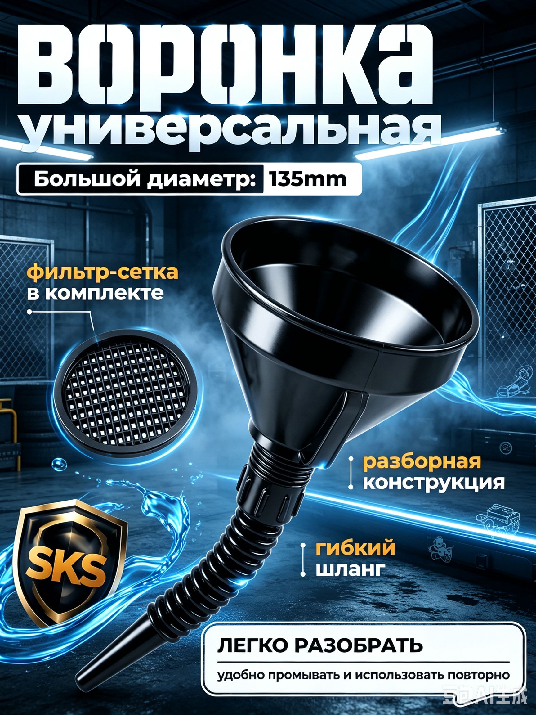 Воронка для бензина с сеткой пластиковая, разборная, 20 см гофра