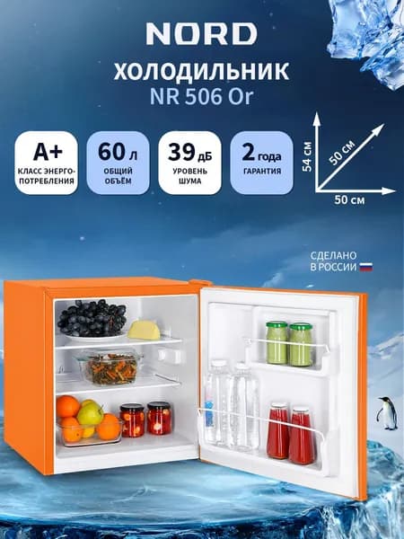 Мини-холодильник NORD NR 506 Or однокамерный для дома, офиса и дачи, объем 60 л, высота 53,7 см, перенавешиваемая дверца, класс энергоэффективности А+, 39 дБ, оранжевый