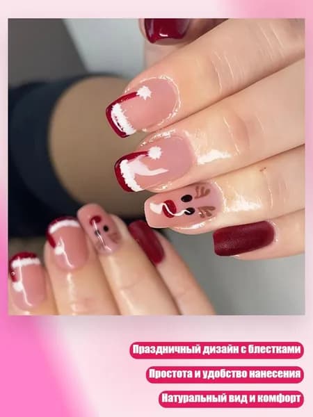 Новогодний дизайн ногтей: олени и шапка Санты с блестками