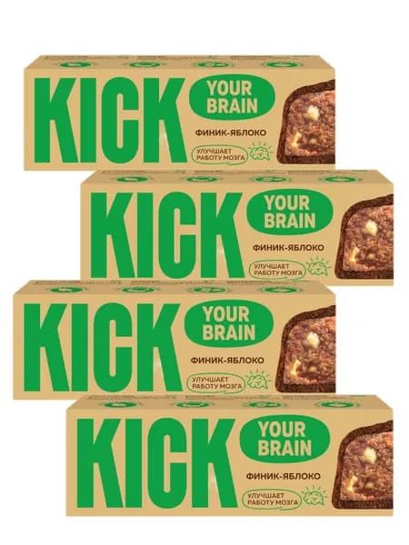 KICK YOUR BRAIN Батончик Финиковый с Яблоком и Корицей в Тёмном Шоколаде 45г-4шт.