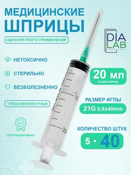 Шприцы 20 мл медицинский одноразовый с иглой 21G 08х40мм 40 шт