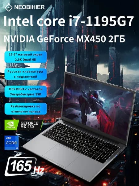 Neobihier 1195G7 Игровой ноутбук 15.6", Intel Core i7-1195G7, RAM 32 ГБ, SSD 256 ГБ, NVIDIA GeForce MX450 (2 ГБ), Windows Pro, серый металлик, Русская раскладка