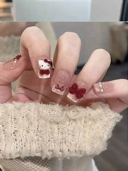 Накладные ногти 30 шт., короткие квадратные, французский маникюр с эффектом кошачьего глаза, красными бантами и Hello Kitty