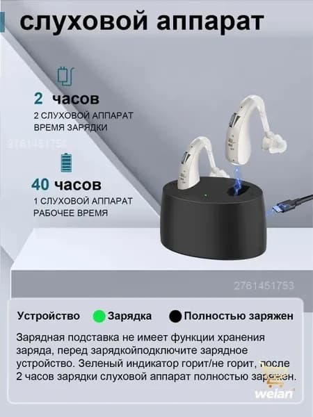 Перезаряжаемый слуховой аппарат, устанавливаемый за ухом