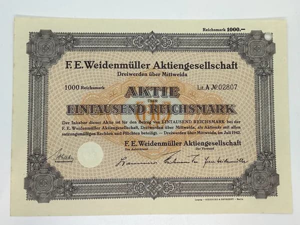 Акция Германия. Завод по производству бумаги, 1000 рейхсмарок 1942 год №28