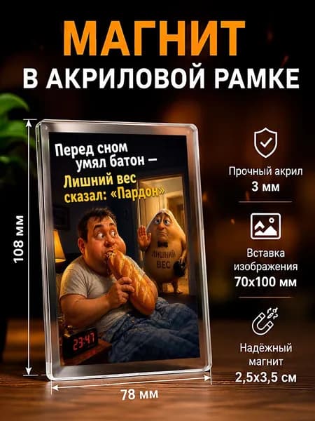 Акриловый магнит на холодильник "Худеем....", 78*108 мм., 1 штука