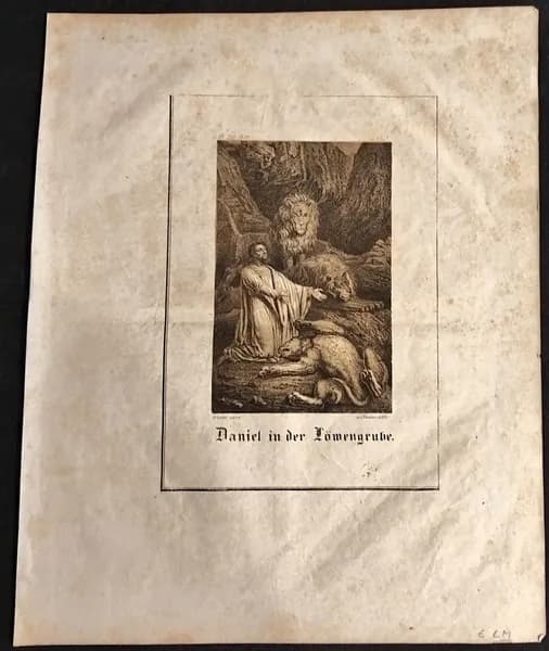 Антикварная гравюра. Даниил со львами 1830 год.