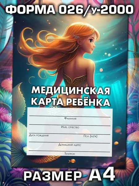 Медицинская карта 026/у-2000 Аурасо, медкарта в детский сад, школу и поликлинику, амбулаторная, большая, размер А4