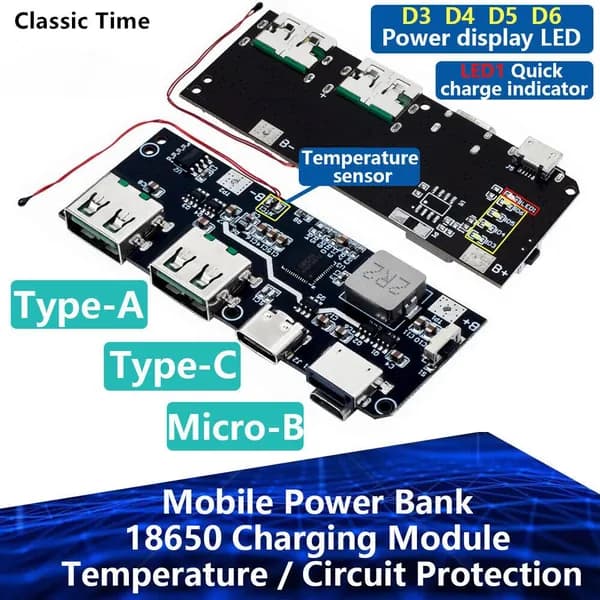 QC4.0 QC 3.0 LED Dual USB 5V 4.5 22.5 Micro / Type-C USB Мобильный банк питания 18650 Зарядный модуль Защита от температуры / замыкания
