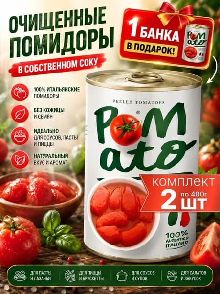 Помидоры (томаты) в собственном соку, очищенные, +1 банка в подарок Pomato 2шт+1