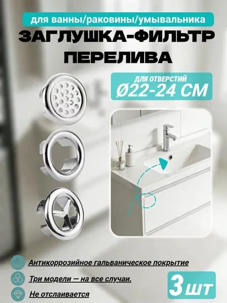 Обрамление перелива для раковины, заглушка для перелива ударопрочная хромированная, 22-24 мм (серебристый), 3 шт.