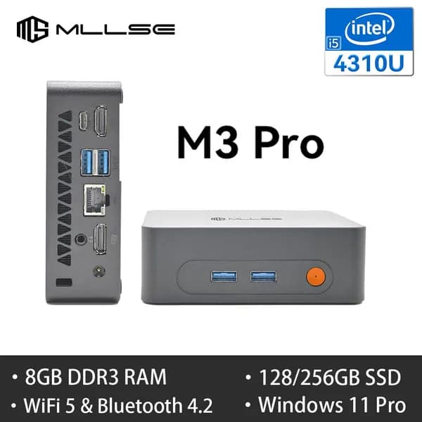 MLLSE Мини-ПК M3 PRO 8+128 (Intel Core i5-4310U, RAM 8 ГБ, SSD 128 ГБ, HDD 128 ГБ, Intel HD Graphics, Windows 11 Pro), серый