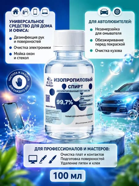 Изопропиловый спирт 99.7% - 100 мл / Изопропанол IPA для очистки и обезжиривания / Обезжириватель и очиститель электроники, оптики, 3D-печати / Технический универсальный растворитель