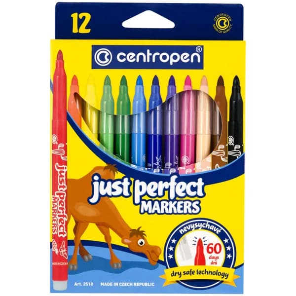 Фломастеры для рисования набор Centropen "Just Perfect", 12 цветов, трехгран., смываемые, устойч. к высыханию, картон, европодвес