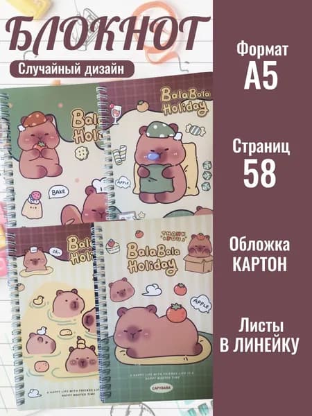 Блокнот для записей на пружине формат А5 дизайн Капибара, 58 страниц. Случайная обложка