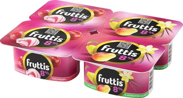 Продукт йогуртный FRUTTIS Суперэкстра Вишневый пломбир/Груша, ваниль 8%, без змж, 115г 8 шт.
