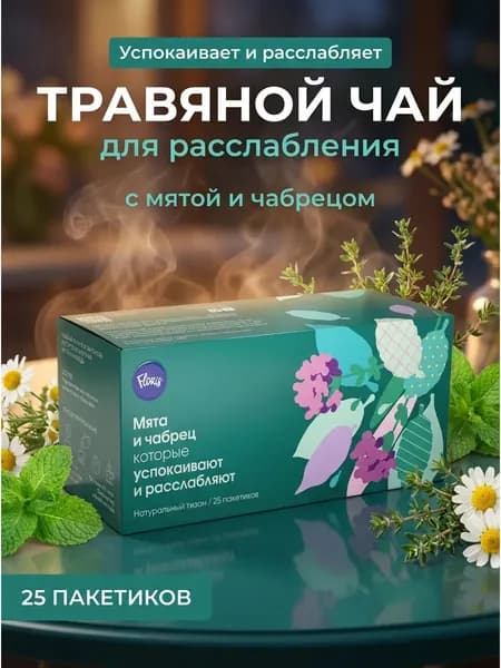 Чайный напиток Мята и чабрец с ромашкой в фильтр-пакетах, натуральный тизан для успокоения и расслабления, ф/п, 37,5 г