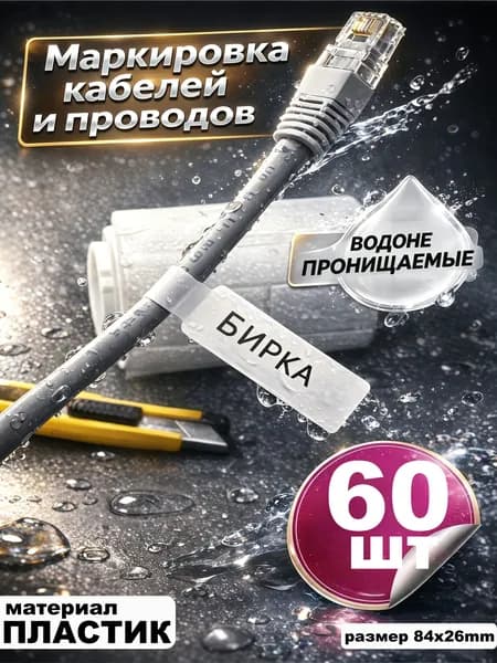 бирка-этикетка для маркировки кабелей и проводов 60шт,Самоклеящаяся (ПВХ), набор для электрики, сада