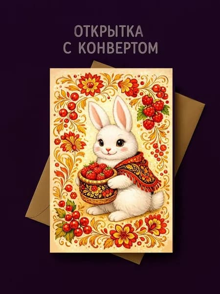 Открытка "Зайка с лукошком!" 1шт. Авторская открытка. Размер 10х15 в комплекте крафтовый конверт.