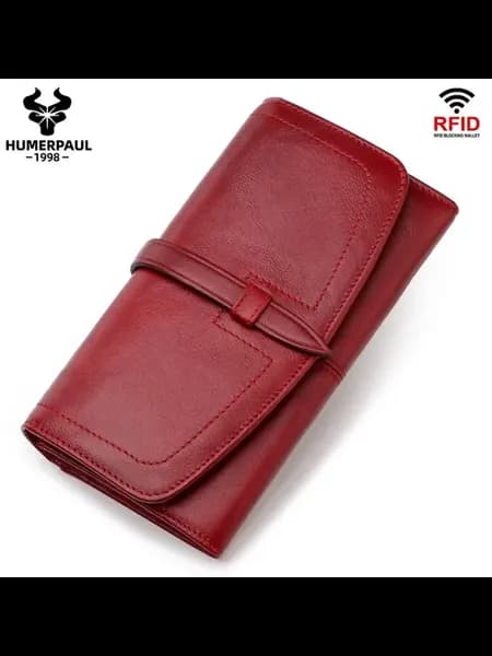 Женский кошелек-клатч красный, кожаный, RFID