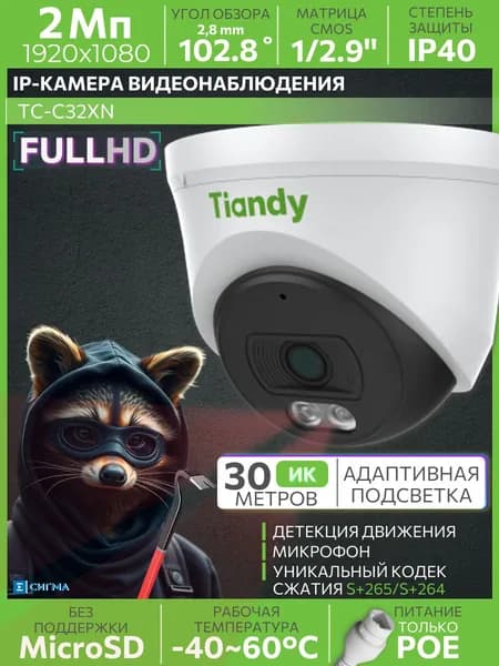 IP-камера видеонаблюдения Tiandy TC-C32XN I3/E/Y/2.8mm/V5.1 2Мп 2,8мм Full HD CMOS ИК