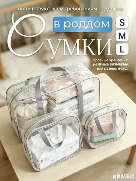 Сумка в роддом готовая для мамы и малыша с наполнением, 44 предмета, прозрачная