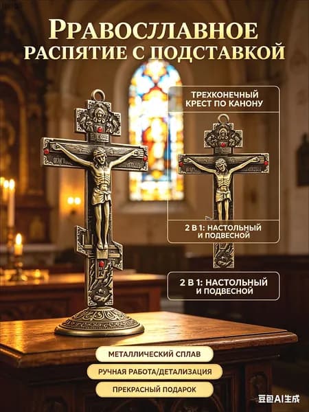 Крест православный настольный с подставкой "Распятие Христово", Металлический крестик на подставке для дома и авто - Религиозный сувенир с эмалью и стразами.