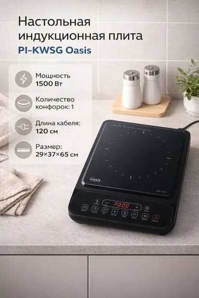 Плитка электрическая OASIS PI-KWSG, 1500 Вт, индукция, таймер, сенсорное управление, 7 автопрограмм