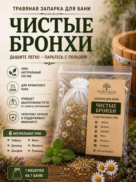 Запарка для бани,сауны и ванны Чистые бронхи Травяной сбор в фильтр-мешочке 1 шт