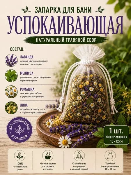 Запарка для бани Успокаивающая Натуральный травяной сбор в мешочке Лаванда, мелисса, ромашка, липа 1 шт