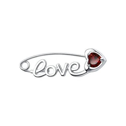 Брошь булавка из родированного серебра 925 пробы с гранатами / 36*10 мм