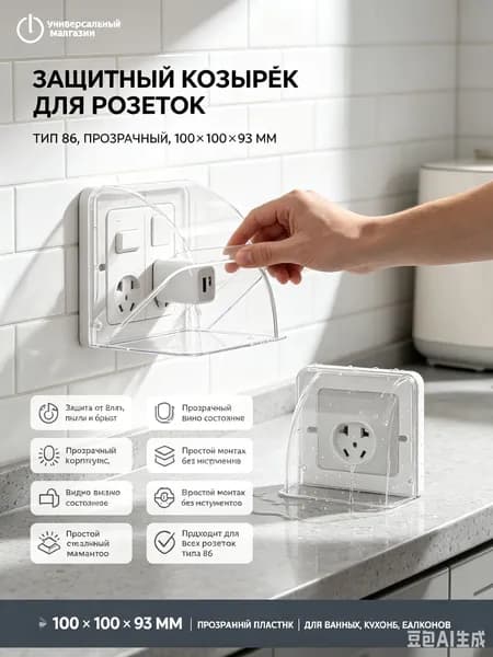 Защитный козырек для розеток 100x100x93 мм, тип 86, прозрачный, 1 шт