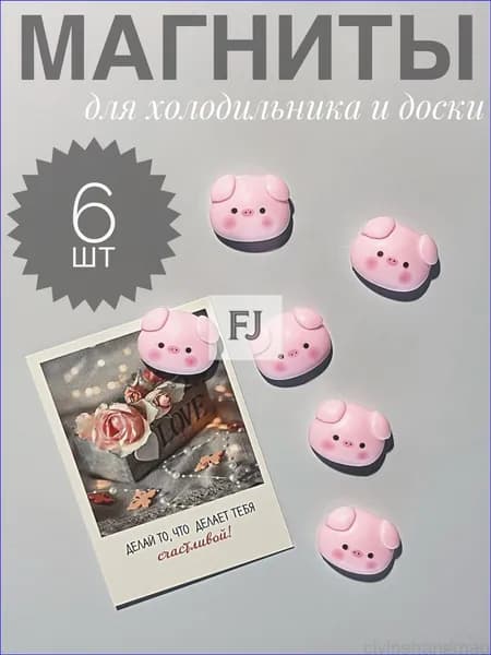 Магниты для холодильника и доски "Хрюшки", 6 шт, декоративные, розовые, милый дизайн