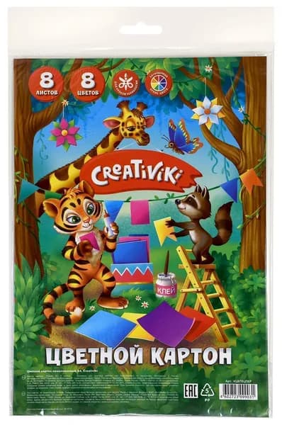 Цветной картон Creativiki немелованный, 8 оттенков, 8 листов, А4, 200х275 мм, 190 г/м2, в папке (КЦ8Л8ЦПКР)