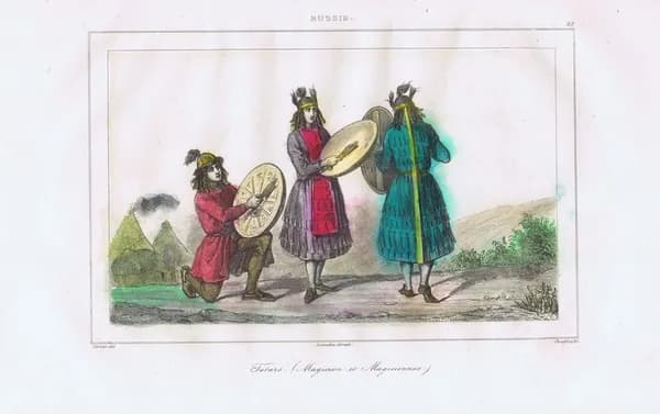 Татарские шаманы. Антикварная гравюра (офорт, акварель). Франция, 1838 год