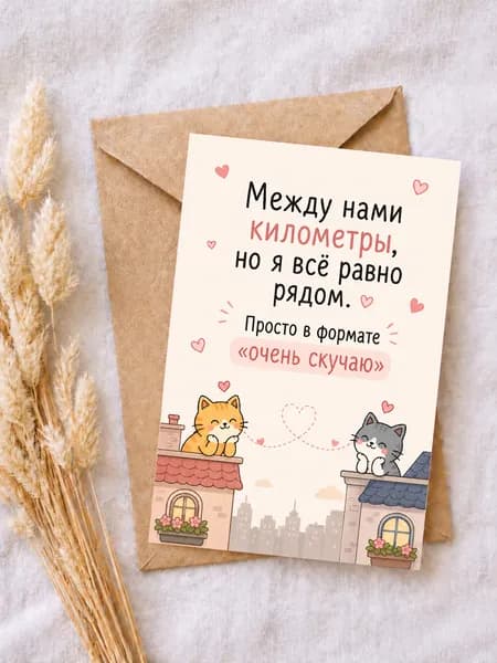Открытка "Между нами километры" А6 с конвертом, открытка любимому человеку на расстоянии