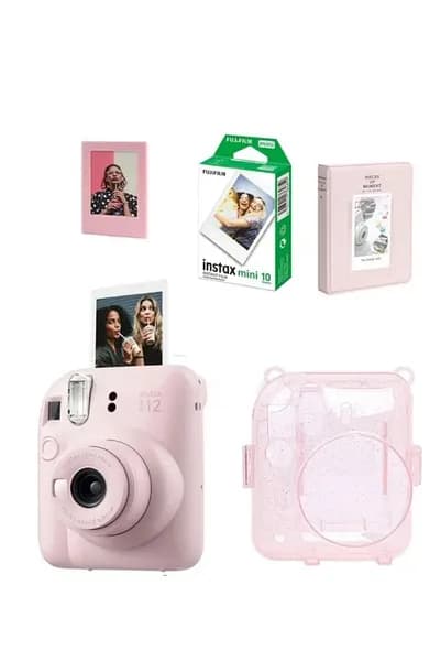 Fujifilm Instax Mini 12 фотоаппарат розовый Набор из 20 пленок, футляра из блестящего плексигласа, альбома на 64 страницы и рамки с магнитами.