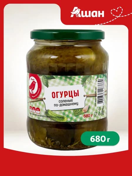 Огурцы соленые АШАН Красная птица По-домашнему, 680 г
