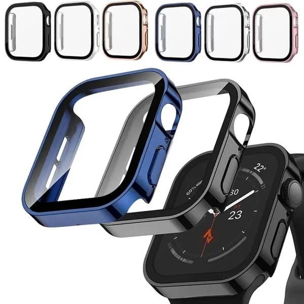 Водонепроницаемый чехол с гальваническим покрытием + Стекло для Apple Watch 45мм, 41мм, 44мм, 40мм, Защитное стекло для экрана, Бампер iWatch 4 5 6 SE 7 8 9